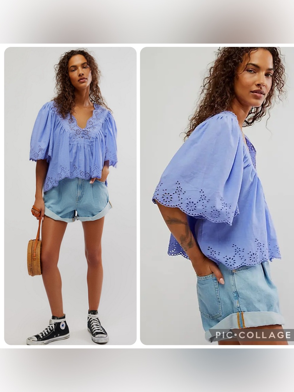 Free People Costa Eyelet Top Periwinkle Cotton Puff Sleeve Boho Blouse M - Picture 2 of 9